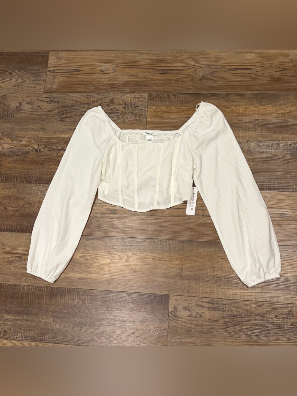 Women's Cream White Off-Shoulder Long Puff Sleeve corset Crop Top L